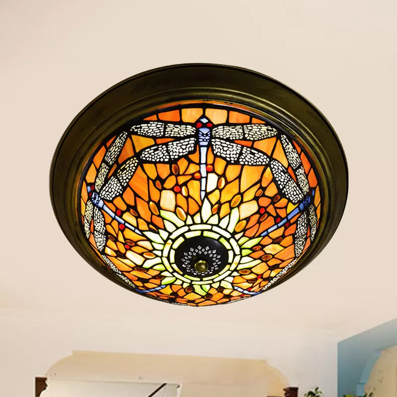 Dragonfly Ceiling Light Fixture 19.5"/15" Width Rustic Loft Stained Glass Indoor Flush Mount Light in Orange Orange 15" Clearhalo 'Ceiling Lights' 'Close To Ceiling Lights' 'Close to ceiling' 'Flush mount' Lighting' 2026537