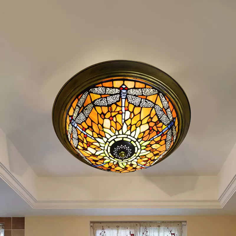 Dragonfly Ceiling Light Fixture 19.5"/15" Width Rustic Loft Stained Glass Indoor Flush Mount Light in Orange Clearhalo 'Ceiling Lights' 'Close To Ceiling Lights' 'Close to ceiling' 'Flush mount' Lighting' 2026538