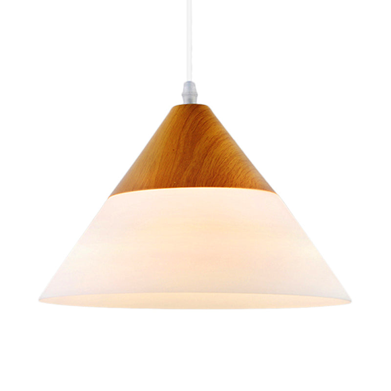 Cone Milk Glass Suspension Pendant Modern 1 Light 5"/7.5"/10.5" Wide Natural Wood Hanging Light Fixture Clearhalo 'Ceiling Lights' 'Glass shade' 'Glass' 'Modern Pendants' 'Modern' 'Pendant Lights' 'Pendants' Lighting' 202654