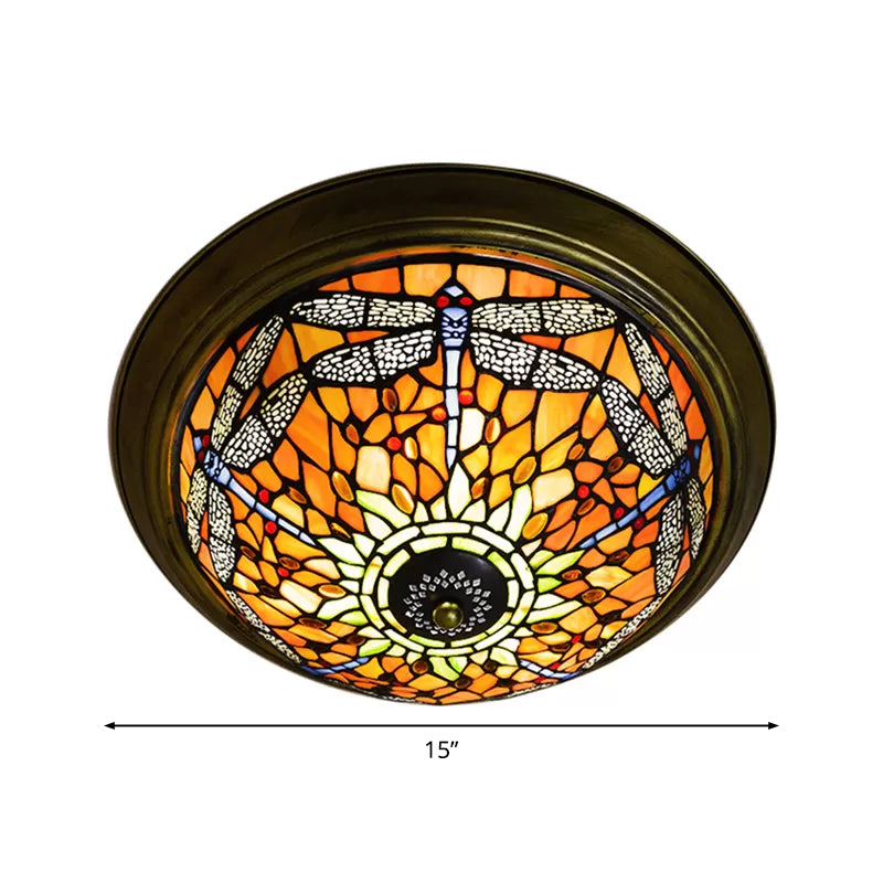 Dragonfly Ceiling Light Fixture 19.5"/15" Width Rustic Loft Stained Glass Indoor Flush Mount Light in Orange Clearhalo 'Ceiling Lights' 'Close To Ceiling Lights' 'Close to ceiling' 'Flush mount' Lighting' 2026540