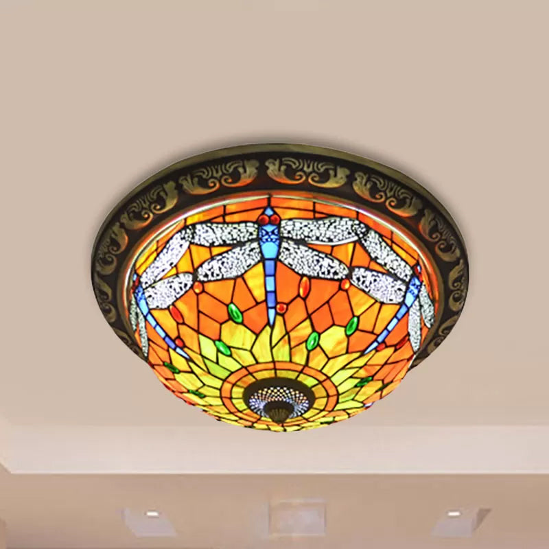 Dragonfly Ceiling Light Fixture 19.5"/15" Width Rustic Loft Stained Glass Indoor Flush Mount Light in Orange Orange 19.5" Clearhalo 'Ceiling Lights' 'Close To Ceiling Lights' 'Close to ceiling' 'Flush mount' Lighting' 2026541