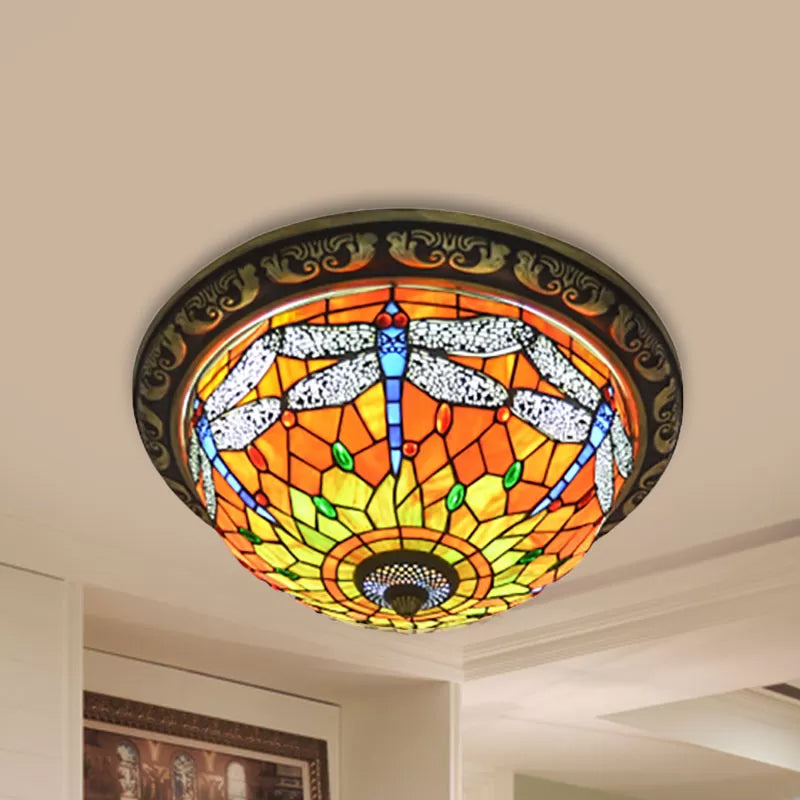 Dragonfly Ceiling Light Fixture 19.5"/15" Width Rustic Loft Stained Glass Indoor Flush Mount Light in Orange Clearhalo 'Ceiling Lights' 'Close To Ceiling Lights' 'Close to ceiling' 'Flush mount' Lighting' 2026542