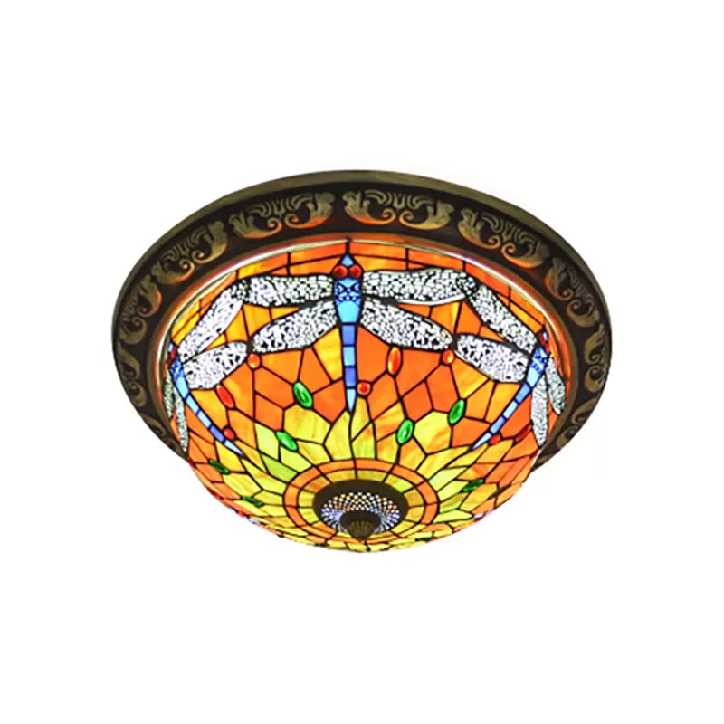 Dragonfly Ceiling Light Fixture 19.5"/15" Width Rustic Loft Stained Glass Indoor Flush Mount Light in Orange Clearhalo 'Ceiling Lights' 'Close To Ceiling Lights' 'Close to ceiling' 'Flush mount' Lighting' 2026543