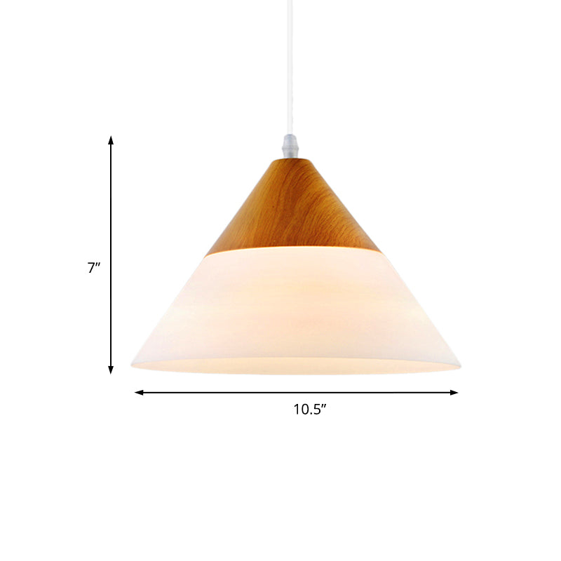 Cone Milk Glass Suspension Pendant Modern 1 Light 5"/7.5"/10.5" Wide Natural Wood Hanging Light Fixture Clearhalo 'Ceiling Lights' 'Glass shade' 'Glass' 'Modern Pendants' 'Modern' 'Pendant Lights' 'Pendants' Lighting' 202655