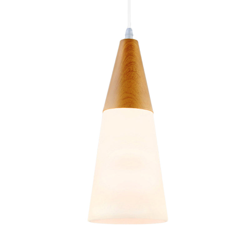 Cone Milk Glass Suspension Pendant Modern 1 Light 5"/7.5"/10.5" Wide Natural Wood Hanging Light Fixture Clearhalo 'Ceiling Lights' 'Glass shade' 'Glass' 'Modern Pendants' 'Modern' 'Pendant Lights' 'Pendants' Lighting' 202658