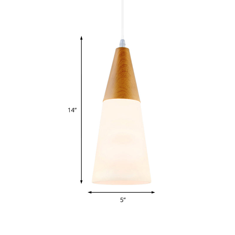 Cone Milk Glass Suspension Pendant Modern 1 Light 5"/7.5"/10.5" Wide Natural Wood Hanging Light Fixture Clearhalo 'Ceiling Lights' 'Glass shade' 'Glass' 'Modern Pendants' 'Modern' 'Pendant Lights' 'Pendants' Lighting' 202659