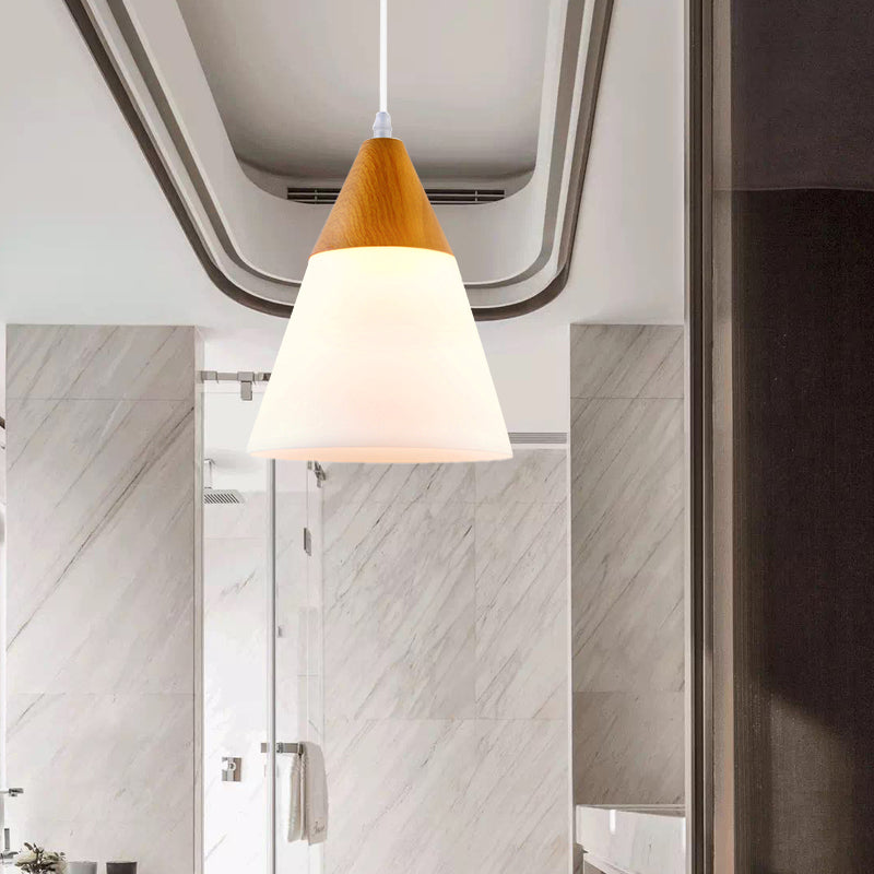 Cone Milk Glass Suspension Pendant Modern 1 Light 5"/7.5"/10.5" Wide Natural Wood Hanging Light Fixture Wood 7.5" Clearhalo 'Ceiling Lights' 'Glass shade' 'Glass' 'Modern Pendants' 'Modern' 'Pendant Lights' 'Pendants' Lighting' 202660