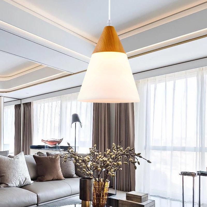 Cone Milk Glass Suspension Pendant Modern 1 Light 5"/7.5"/10.5" Wide Natural Wood Hanging Light Fixture Clearhalo 'Ceiling Lights' 'Glass shade' 'Glass' 'Modern Pendants' 'Modern' 'Pendant Lights' 'Pendants' Lighting' 202661