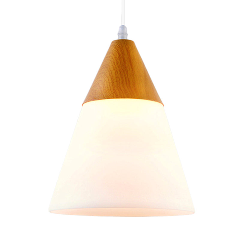 Cone Milk Glass Suspension Pendant Modern 1 Light 5"/7.5"/10.5" Wide Natural Wood Hanging Light Fixture Clearhalo 'Ceiling Lights' 'Glass shade' 'Glass' 'Modern Pendants' 'Modern' 'Pendant Lights' 'Pendants' Lighting' 202662