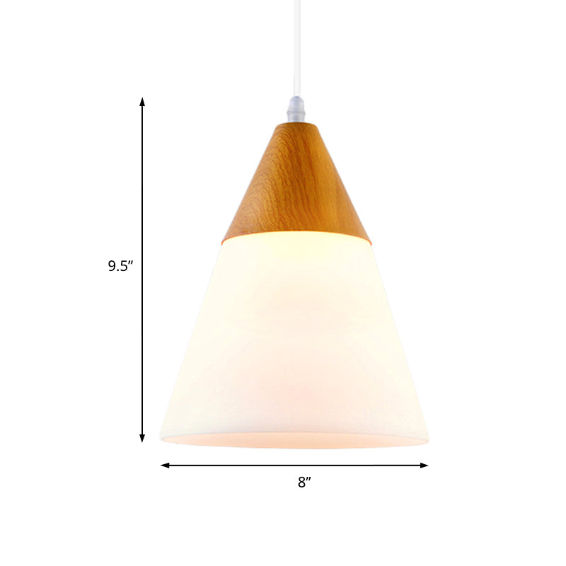 Cone Milk Glass Suspension Pendant Modern 1 Light 5"/7.5"/10.5" Wide Natural Wood Hanging Light Fixture Clearhalo 'Ceiling Lights' 'Glass shade' 'Glass' 'Modern Pendants' 'Modern' 'Pendant Lights' 'Pendants' Lighting' 202663