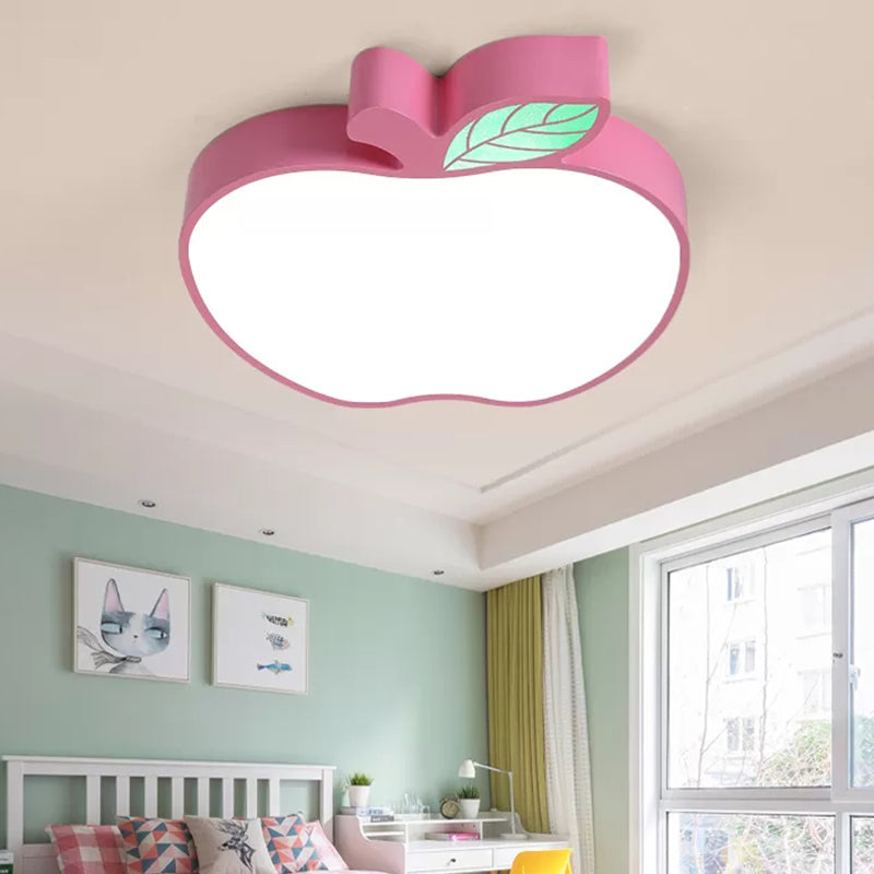 Metal Apple Ceiling Light with Leaf Girls Boys Bedroom Macaron Flush Ceiling Light Pink Clearhalo 'Ceiling Lights' 'Close To Ceiling Lights' 'Close to ceiling' 'Flush mount' Lighting' 202694