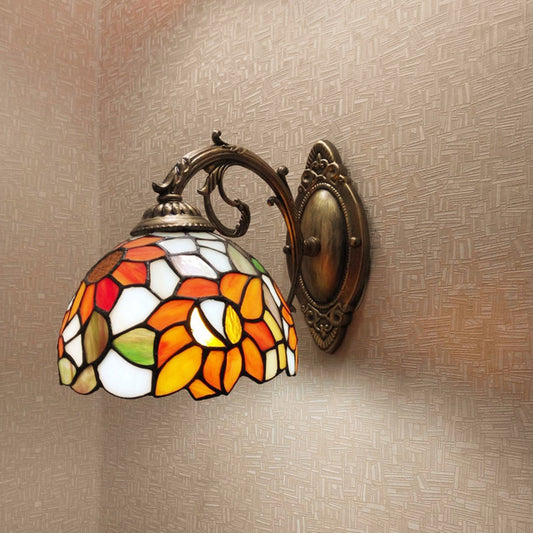 1-Light Sconce Light Fixture Baroque Dome Stained Glass Sunflower Patterned Wall Lighting Ideas in Orange Clearhalo 'Art deco wall lights' 'Cast Iron' 'Glass' 'Industrial' 'Middle century wall lights' 'Modern' 'Tiffany wall lights' 'Tiffany' 'Traditional wall lights' 'Wall Lamps & Sconces' 'Wall Lights' Lighting' 2029234