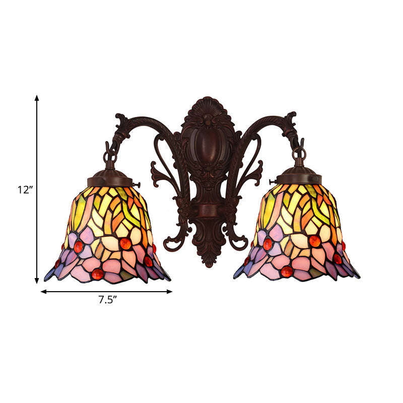 2 Heads Corridor Wall Lighting Fixture Victorian Copper Petal Patterned Wall Lamp with Bell Stained Glass Shade Clearhalo 'Art deco wall lights' 'Cast Iron' 'Glass' 'Industrial' 'Middle century wall lights' 'Modern' 'Tiffany wall lights' 'Tiffany' 'Traditional wall lights' 'Wall Lamps & Sconces' 'Wall Lights' Lighting' 2029281