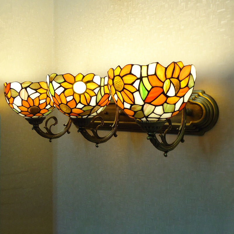 3-Light Bowl Sconce Light Victorian Yellow Hand Cut Glass Wall Lighting Fixture with Sunflower Pattern Clearhalo 'Art deco wall lights' 'Cast Iron' 'Glass' 'Industrial' 'Middle century wall lights' 'Modern' 'Tiffany wall lights' 'Tiffany' 'Traditional wall lights' 'Wall Lamps & Sconces' 'Wall Lights' Lighting' 2029310