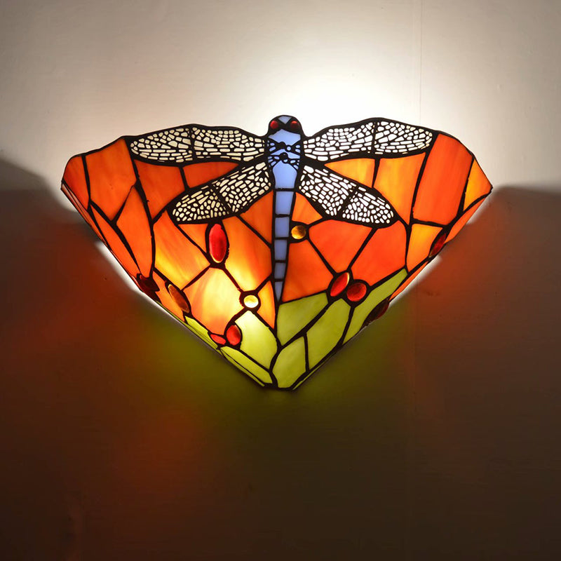 Cone Cut Glass Wall Mount Sconce Tiffany 1 Head Dragonfly Patterned Wall Hanging Light Clearhalo 'Art deco wall lights' 'Cast Iron' 'Glass' 'Industrial' 'Middle century wall lights' 'Modern' 'Tiffany wall lights' 'Tiffany' 'Traditional wall lights' 'Wall Lamps & Sconces' 'Wall Lights' Lighting' 2029364