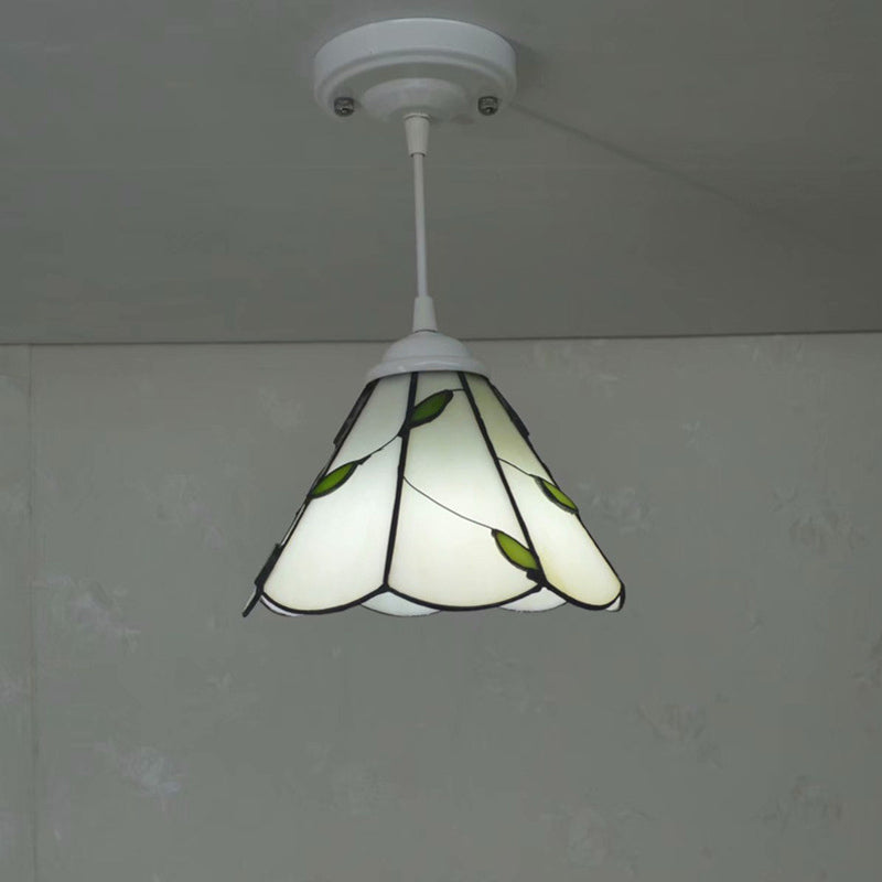 White Glass Cone Hanging Light Kit Mission 1 Light Bronze Leaf Patterned Pendant Lamp with Scalloped Trim White Clearhalo 'Art Deco Pendants' 'Cast Iron' 'Ceiling Lights' 'Ceramic' 'Crystal' 'Industrial' 'Metal' 'Middle Century Pendants' 'Pendant Lights' 'Pendants' 'Tiffany close to ceiling' 'Tiffany Pendants' 'Tiffany' Lighting' 2029541