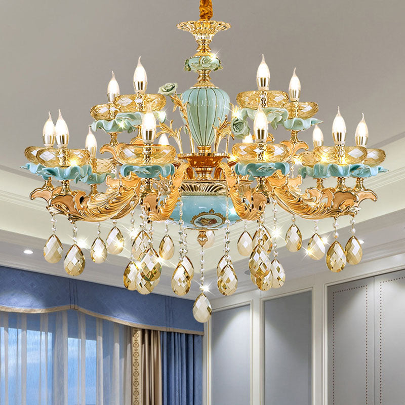 Shallow Bowl Living Room Chandelier Amber Crystal Modern Ceramics Pendant Light Kit in Gold 15 Gold Clearhalo 'Ceiling Lights' 'Chandeliers' Lighting' options 2029764_edd69fa3-67ba-453e-938a-be8c01016217