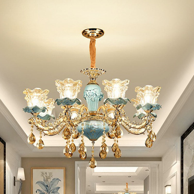 Floral Blown Clear Glass Chandelier Lamp Minimalist Gold Suspension Pendant Light for Living Room Clearhalo 'Ceiling Lights' 'Chandeliers' Lighting' options 2029771