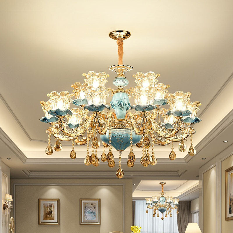 Floral Blown Clear Glass Chandelier Lamp Minimalist Gold Suspension Pendant Light for Living Room 12 Gold Clearhalo 'Ceiling Lights' 'Chandeliers' Lighting' options 2029775_303303f4-3063-4962-bf6f-3e3ae46f33f9