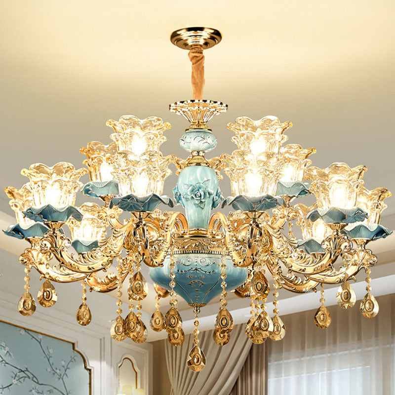 Floral Blown Clear Glass Chandelier Lamp Minimalist Gold Suspension Pendant Light for Living Room Clearhalo 'Ceiling Lights' 'Chandeliers' Lighting' options 2029776