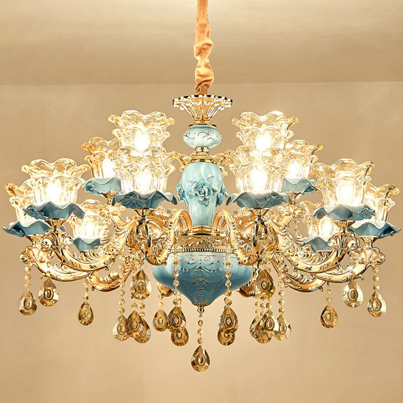 Floral Blown Clear Glass Chandelier Lamp Minimalist Gold Suspension Pendant Light for Living Room Clearhalo 'Ceiling Lights' 'Chandeliers' Lighting' options 2029777