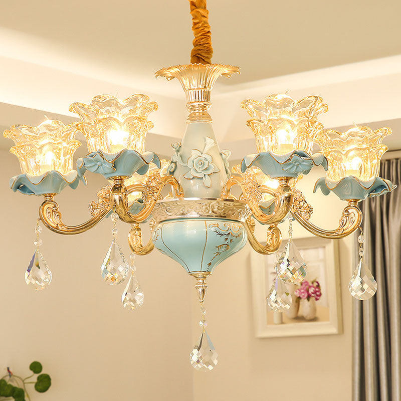 Clear Textured Glass Petal Chandelier Lighting Modernist Gold Hanging Pendant Light with Crystal Accent Clearhalo 'Ceiling Lights' 'Chandeliers' Lighting' options 2029779