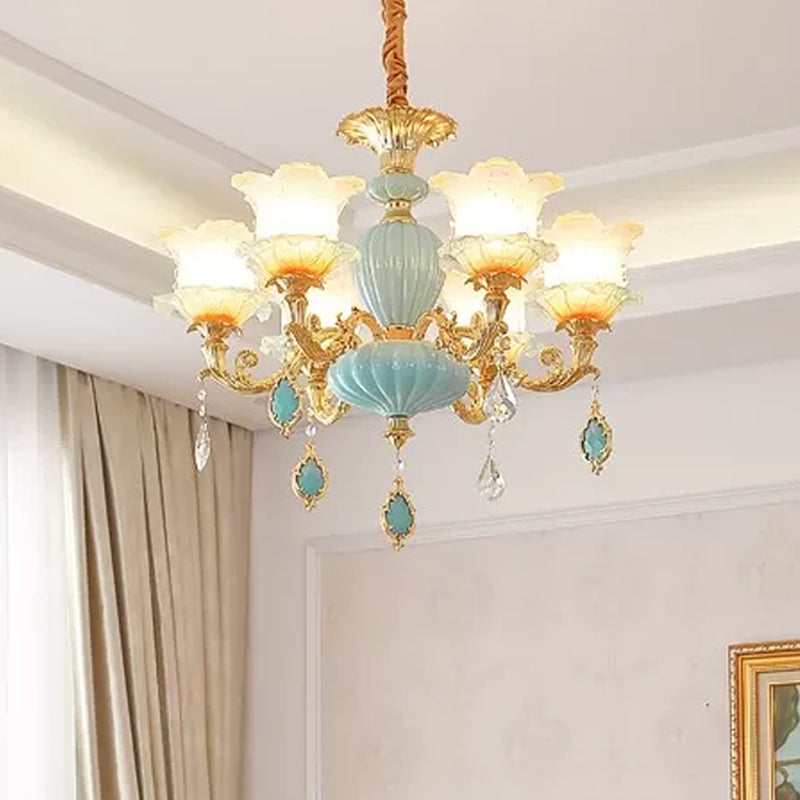 Gold Blossom Ceiling Chandelier Modernity Frosted Glass Hanging Light Fixture with Crystal Accent Clearhalo 'Ceiling Lights' 'Chandeliers' Lighting' options 2029792