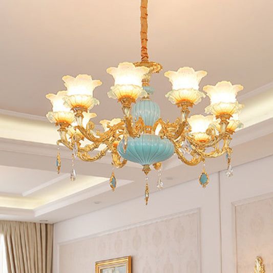 Gold Blossom Ceiling Chandelier Modernity Frosted Glass Hanging Light Fixture with Crystal Accent Clearhalo 'Ceiling Lights' 'Chandeliers' Lighting' options 2029794