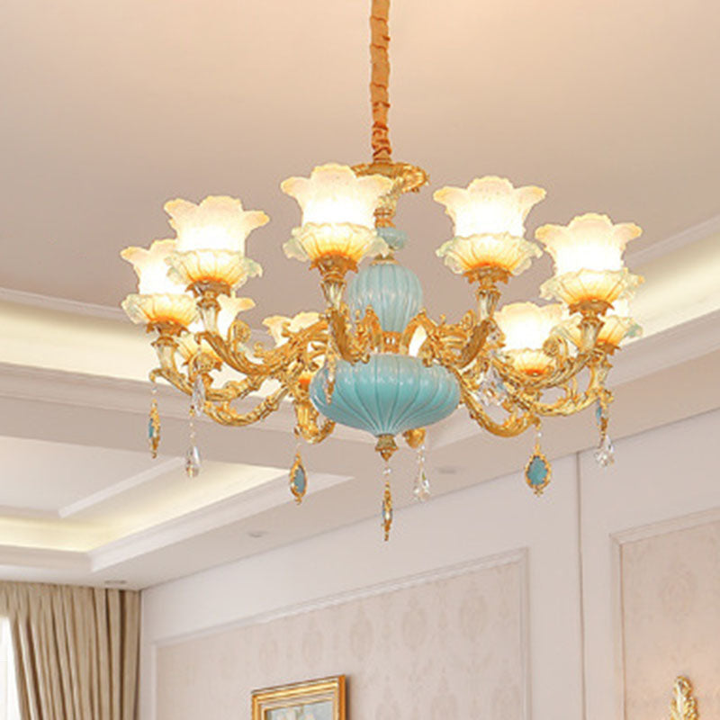 Gold Blossom Ceiling Chandelier Modernity Frosted Glass Hanging Light Fixture with Crystal Accent 10 Gold Clearhalo 'Ceiling Lights' 'Chandeliers' Lighting' options 2029794_db1d6287-0729-4368-bcc4-49a3eccd0d85