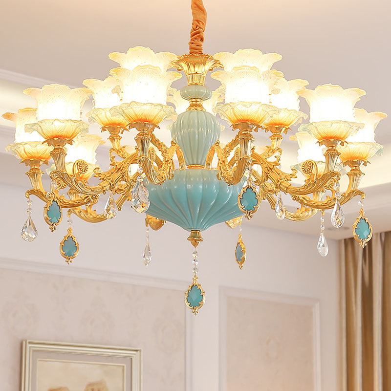 Gold Blossom Ceiling Chandelier Modernity Frosted Glass Hanging Light Fixture with Crystal Accent 15 Gold Clearhalo 'Ceiling Lights' 'Chandeliers' Lighting' options 2029795_8fc04547-4695-43f4-b8ab-ffe4bc3a34ca