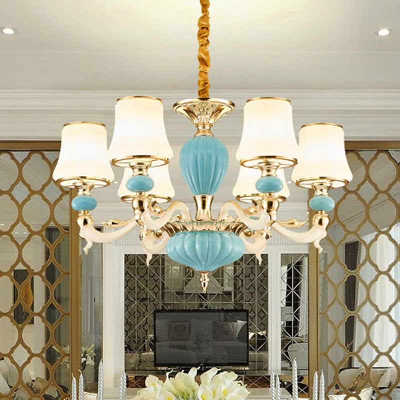 Modern Suspension Lamp Light Blue Tapered Ceramics Chandelier Lighting Fixture with Opal Glass Shade Clearhalo 'Ceiling Lights' 'Chandeliers' Lighting' options 2029798