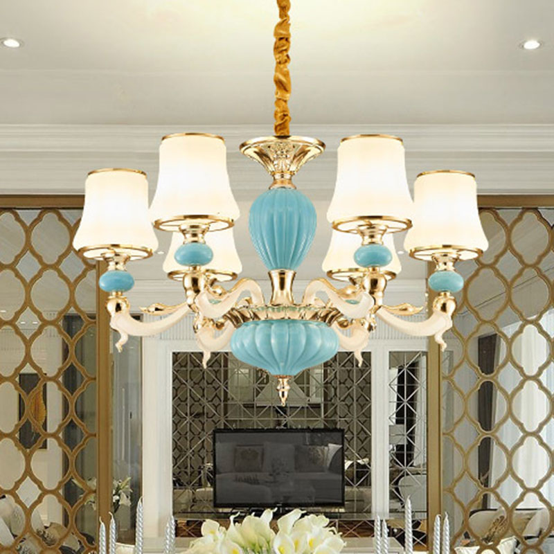 Modern Suspension Lamp Light Blue Tapered Ceramics Chandelier Lighting Fixture with Opal Glass Shade 6 Light Blue Clearhalo 'Ceiling Lights' 'Chandeliers' Lighting' options 2029798_0ddf34ee-4c89-47ec-9ca2-e8b69ef33367