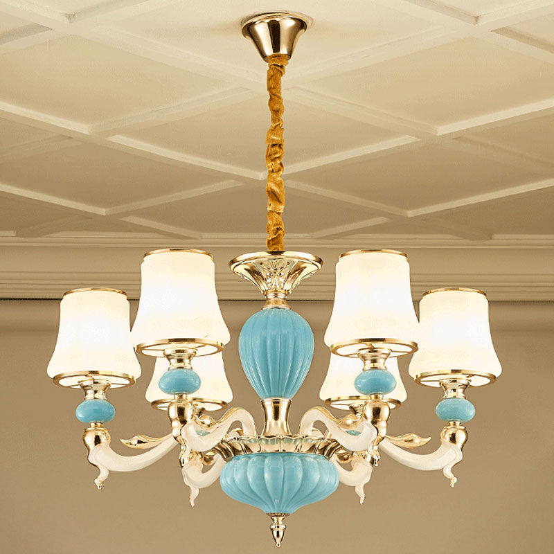 Modern Suspension Lamp Light Blue Tapered Ceramics Chandelier Lighting Fixture with Opal Glass Shade Clearhalo 'Ceiling Lights' 'Chandeliers' Lighting' options 2029799