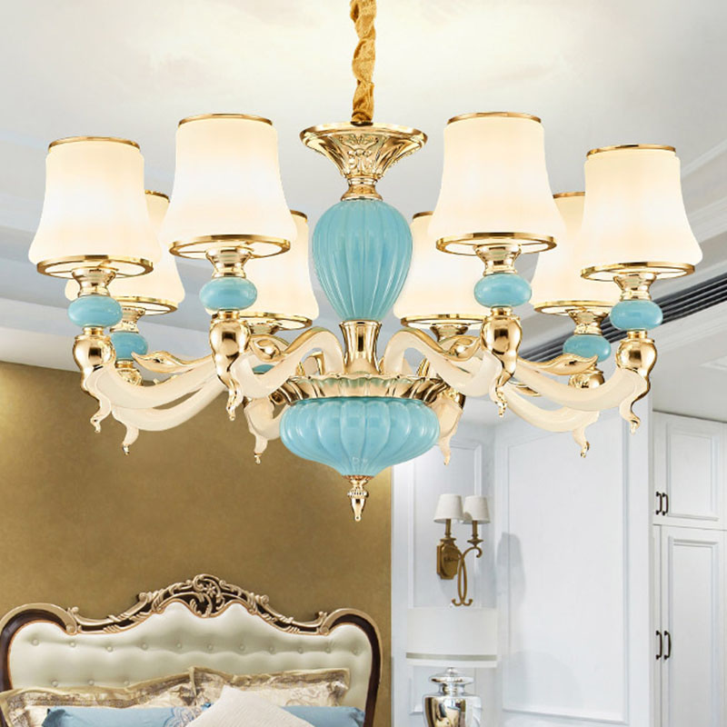 Modern Suspension Lamp Light Blue Tapered Ceramics Chandelier Lighting Fixture with Opal Glass Shade 8 Light Blue Clearhalo 'Ceiling Lights' 'Chandeliers' Lighting' options 2029800_6b0c75f5-6c8b-4440-8f97-61de9e075ec0