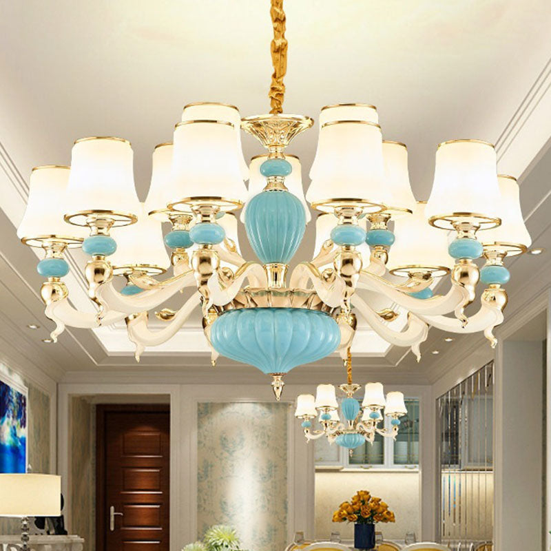 Modern Suspension Lamp Light Blue Tapered Ceramics Chandelier Lighting Fixture with Opal Glass Shade Clearhalo 'Ceiling Lights' 'Chandeliers' Lighting' options 2029802