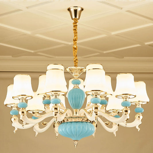 Modern Suspension Lamp Light Blue Tapered Ceramics Chandelier Lighting Fixture with Opal Glass Shade Clearhalo 'Ceiling Lights' 'Chandeliers' Lighting' options 2029803