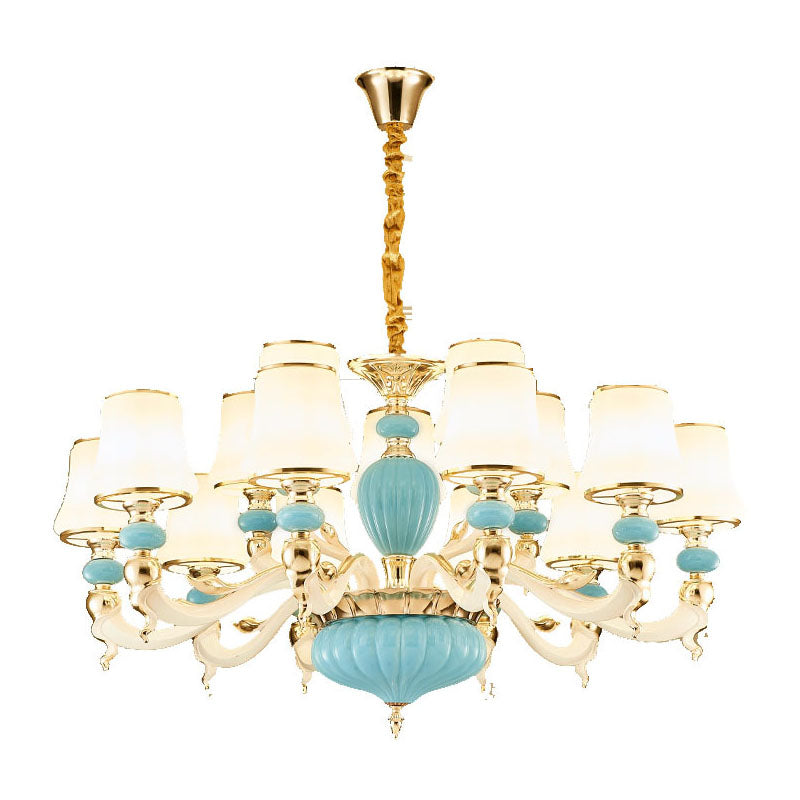 Modern Suspension Lamp Light Blue Tapered Ceramics Chandelier Lighting Fixture with Opal Glass Shade Clearhalo 'Ceiling Lights' 'Chandeliers' Lighting' options 2029804