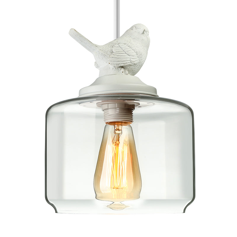 Cylindrical/Barrel shaped Pendant Lighting Modernist 1/5 Lights Clear Glass White Hanging Lamp with Bird Design Clearhalo 'Ceiling Lights' 'Glass shade' 'Glass' 'Modern Pendants' 'Modern' 'Pendant Lights' 'Pendants' Lighting' 202981