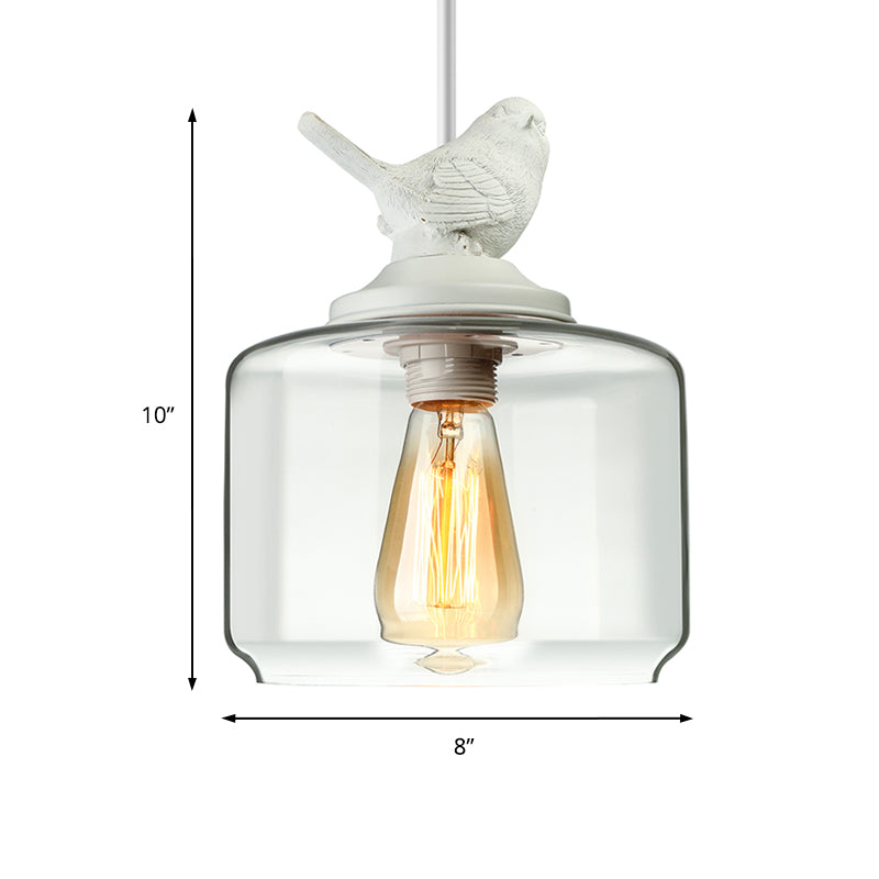 Cylindrical/Barrel shaped Pendant Lighting Modernist 1/5 Lights Clear Glass White Hanging Lamp with Bird Design Clearhalo 'Ceiling Lights' 'Glass shade' 'Glass' 'Modern Pendants' 'Modern' 'Pendant Lights' 'Pendants' Lighting' 202982