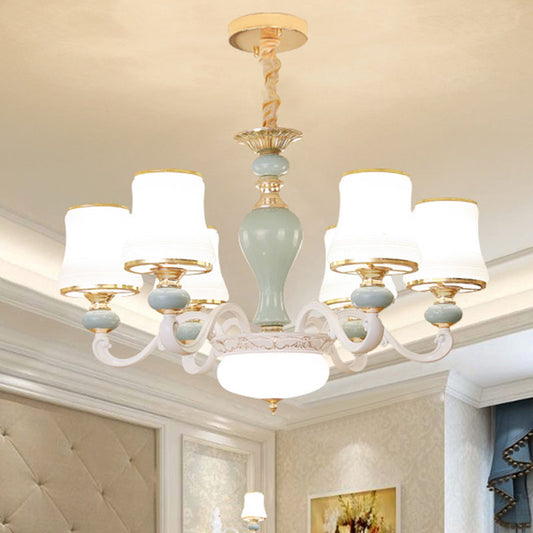 Opaline Glass Flared Chandelier Lamp Modernist Down Lighting Pendant in Light Blue 6 Light Blue Clearhalo 'Ceiling Lights' 'Chandeliers' 'Modern Chandeliers' 'Modern' Lighting' 2029853