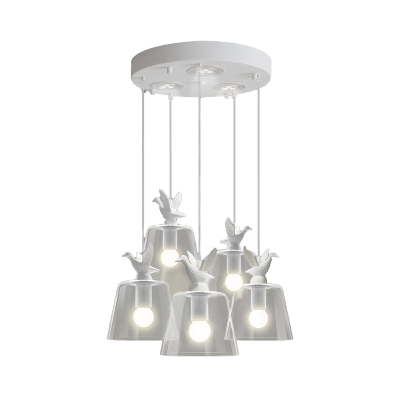 Cylindrical/Barrel shaped Pendant Lighting Modernist 1/5 Lights Clear Glass White Hanging Lamp with Bird Design Clearhalo 'Ceiling Lights' 'Glass shade' 'Glass' 'Modern Pendants' 'Modern' 'Pendant Lights' 'Pendants' Lighting' 202986