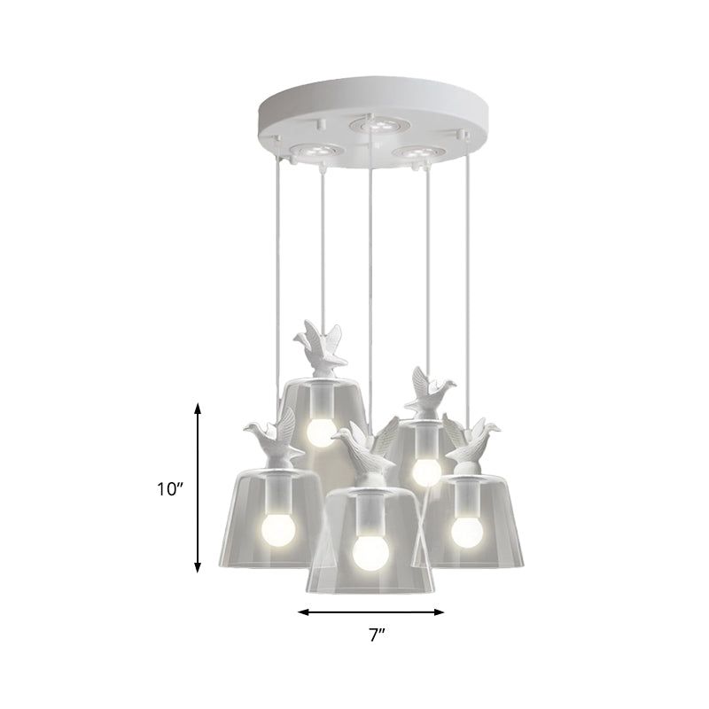 Cylindrical/Barrel shaped Pendant Lighting Modernist 1/5 Lights Clear Glass White Hanging Lamp with Bird Design Clearhalo 'Ceiling Lights' 'Glass shade' 'Glass' 'Modern Pendants' 'Modern' 'Pendant Lights' 'Pendants' Lighting' 202987