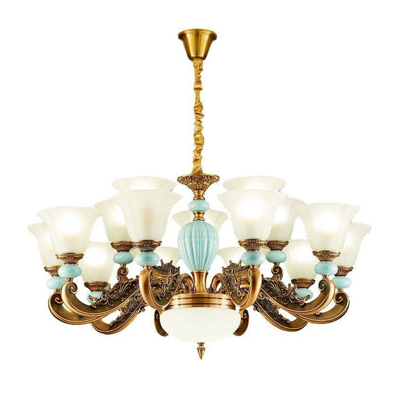 Scrolled Arm Metal Hanging Light Kit Simple Light Blue Chandelier Lighting with Flared Frosted Glass Shade Clearhalo 'Ceiling Lights' 'Chandeliers' 'Modern Chandeliers' 'Modern' Lighting' 2029984