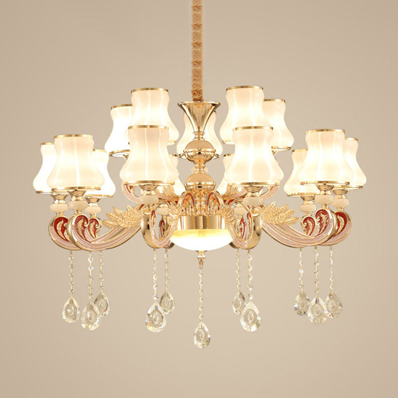 Scrolled Arm Chandelier Nordic Metal Living Room Hanging Pendant Light with Flared Glass Shade in Gold Clearhalo 'Ceiling Lights' 'Chandeliers' 'Modern Chandeliers' 'Modern' Lighting' 2030045