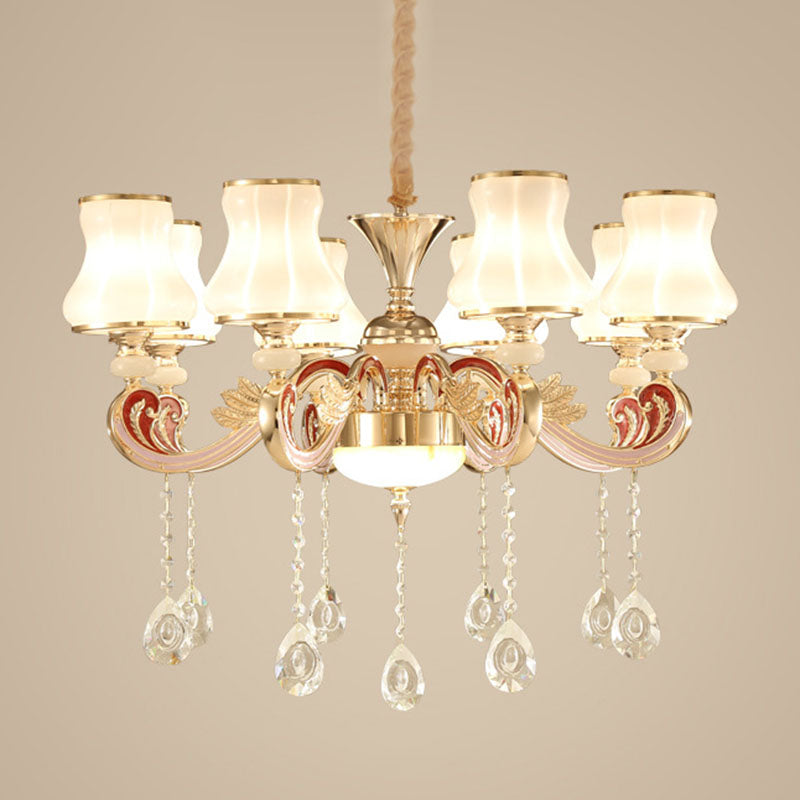 Scrolled Arm Chandelier Nordic Metal Living Room Hanging Pendant Light with Flared Glass Shade in Gold 8 Gold Clearhalo 'Ceiling Lights' 'Chandeliers' 'Modern Chandeliers' 'Modern' Lighting' 2030046