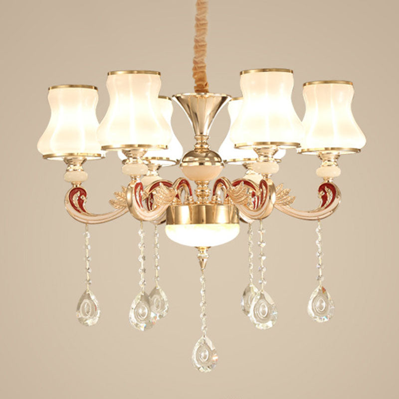 Scrolled Arm Chandelier Nordic Metal Living Room Hanging Pendant Light with Flared Glass Shade in Gold Clearhalo 'Ceiling Lights' 'Chandeliers' 'Modern Chandeliers' 'Modern' Lighting' 2030048