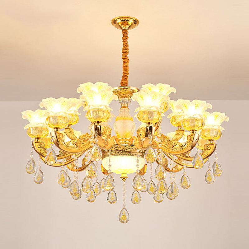 Floral K9 Crystal Drop Lamp Contemporary Gold Chandelier Light Fixture for Bedroom 18 Gold Clearhalo 'Ceiling Lights' 'Chandeliers' 'Modern Chandeliers' 'Modern' Lighting' 2030094