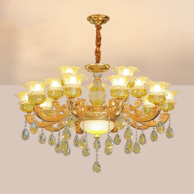 Floral K9 Crystal Drop Lamp Contemporary Gold Chandelier Light Fixture for Bedroom 15 Gold Clearhalo 'Ceiling Lights' 'Chandeliers' 'Modern Chandeliers' 'Modern' Lighting' 2030095