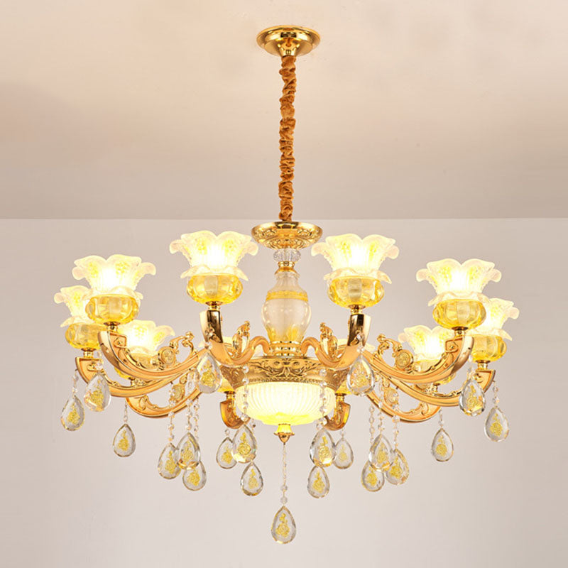 Floral K9 Crystal Drop Lamp Contemporary Gold Chandelier Light Fixture for Bedroom 10 Gold Clearhalo 'Ceiling Lights' 'Chandeliers' 'Modern Chandeliers' 'Modern' Lighting' 2030101