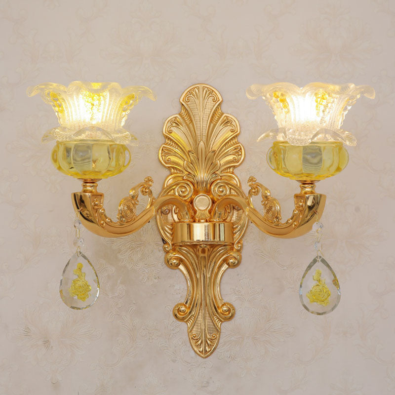 Floral K9 Crystal Drop Lamp Contemporary Gold Chandelier Light Fixture for Bedroom 2 Gold Clearhalo 'Ceiling Lights' 'Chandeliers' 'Modern Chandeliers' 'Modern' Lighting' 2030103